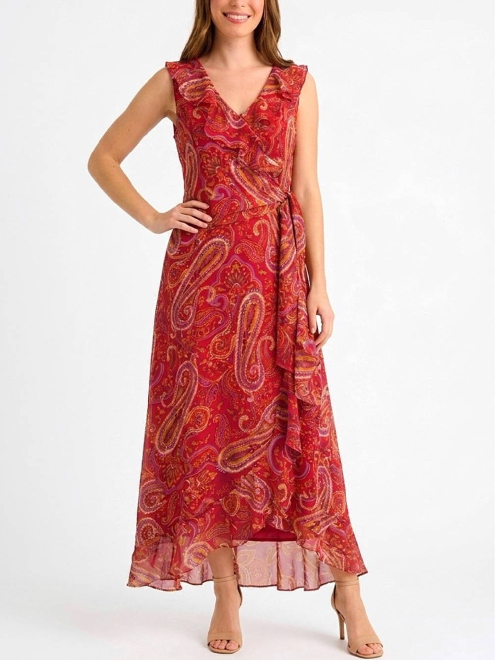 LONDON TIMES Alessandra Ruffle Faux-Wrap Midi Dress Paisley Print - Size 10